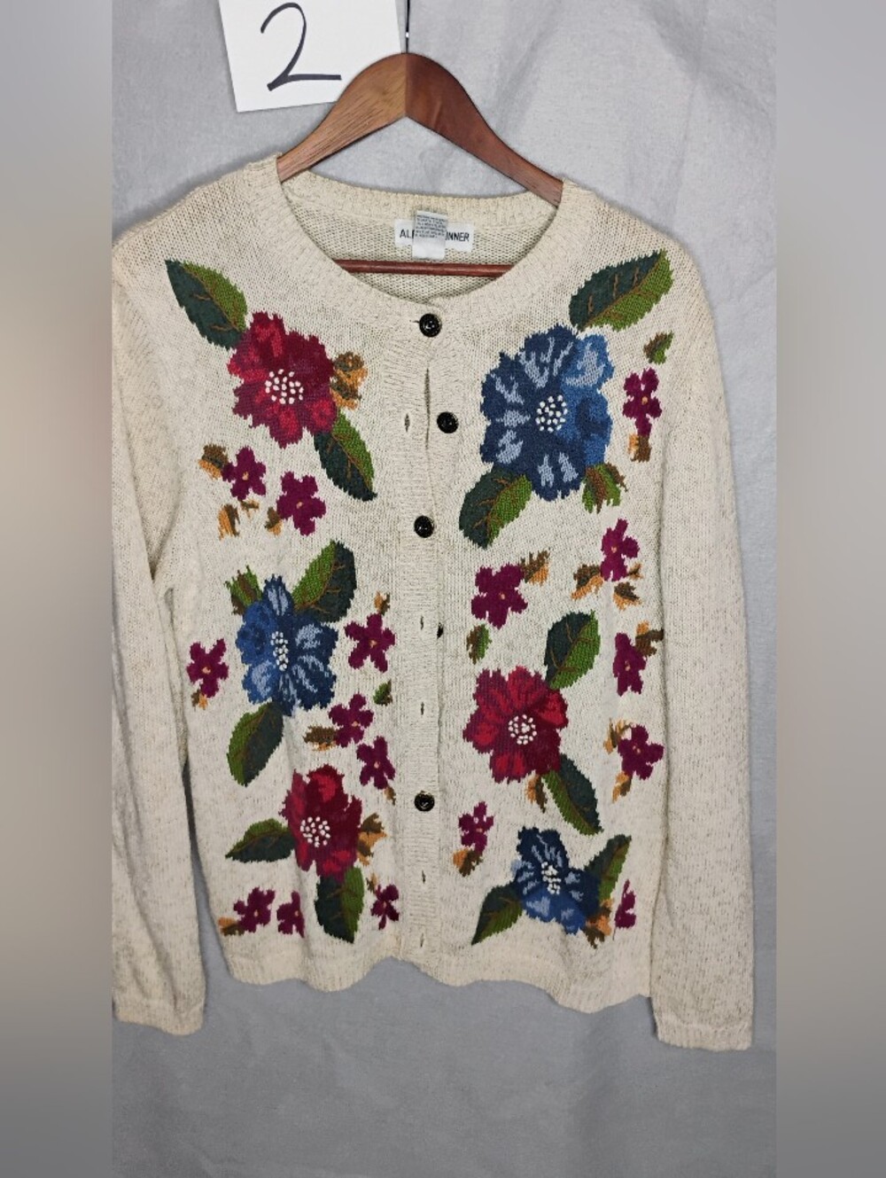 Alfred Dunner Floral Cardigan Sweater Tan Beige Long Sleeve Womens Large